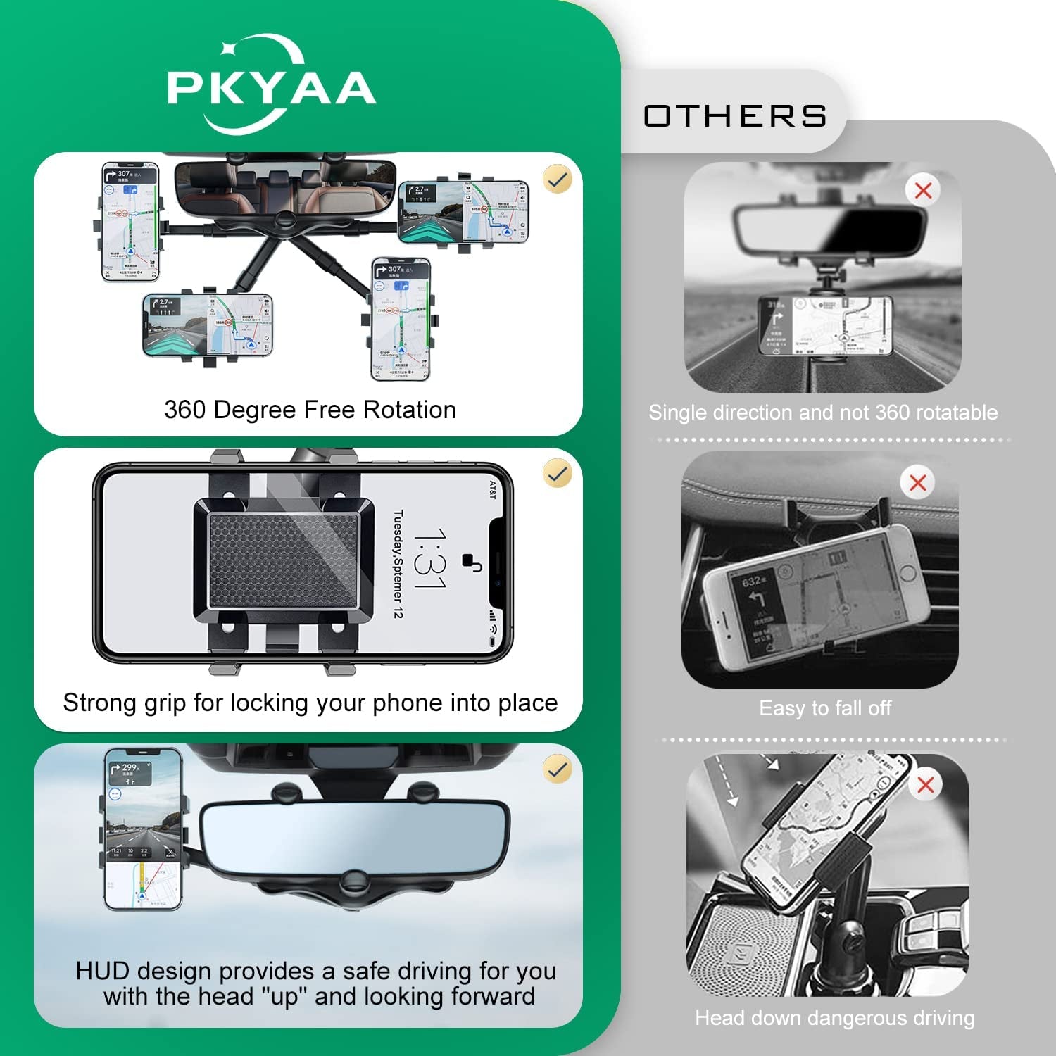 Rearview Mirror Phone Holder for Car, 360° Rotating Rear View Mount with Adjustable Arm Length, Multifunctional and GPS Universal Car All Smartphones